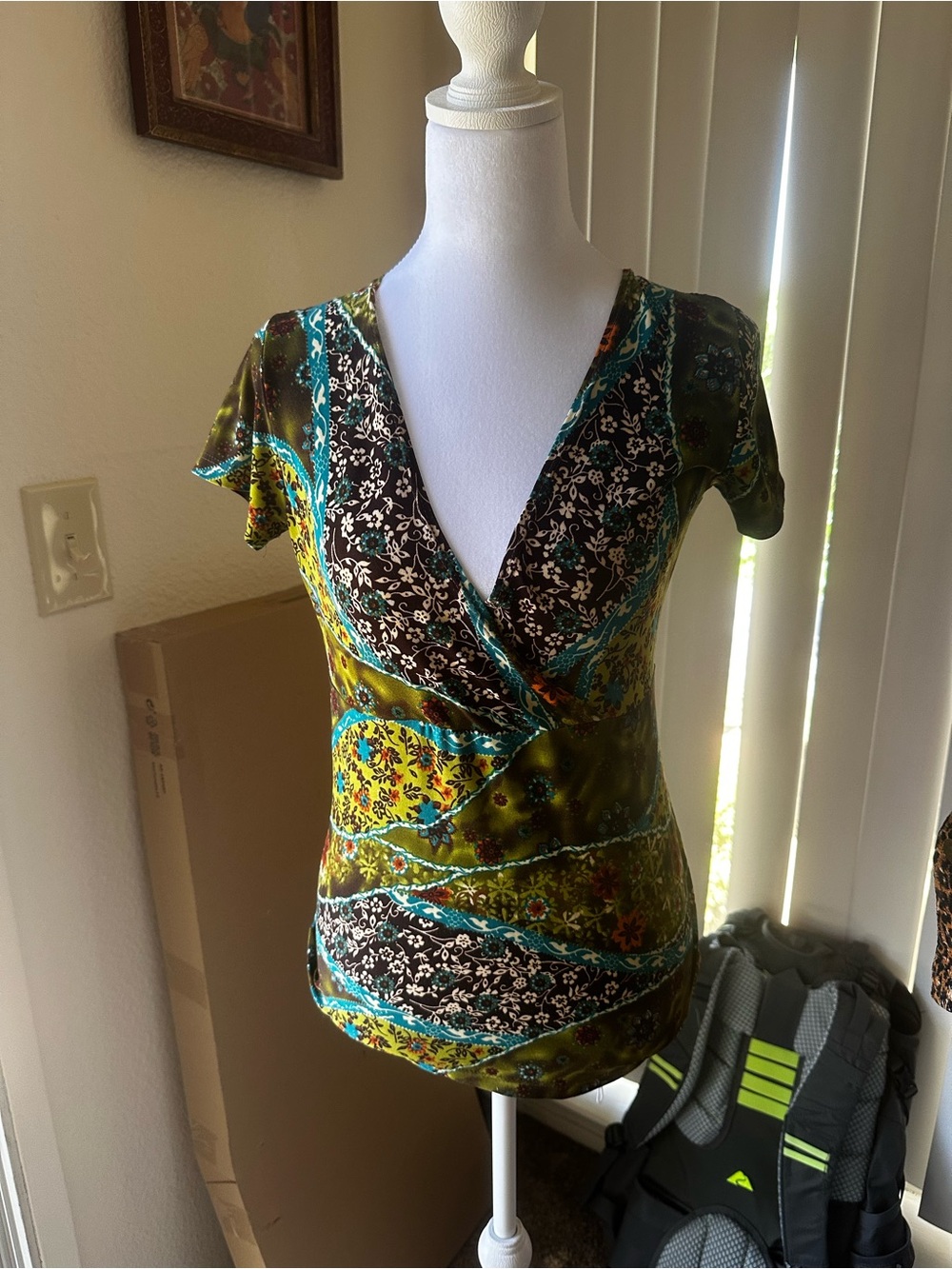 Vintage Olive, Teal & Yellow Floral Wrap Blouse